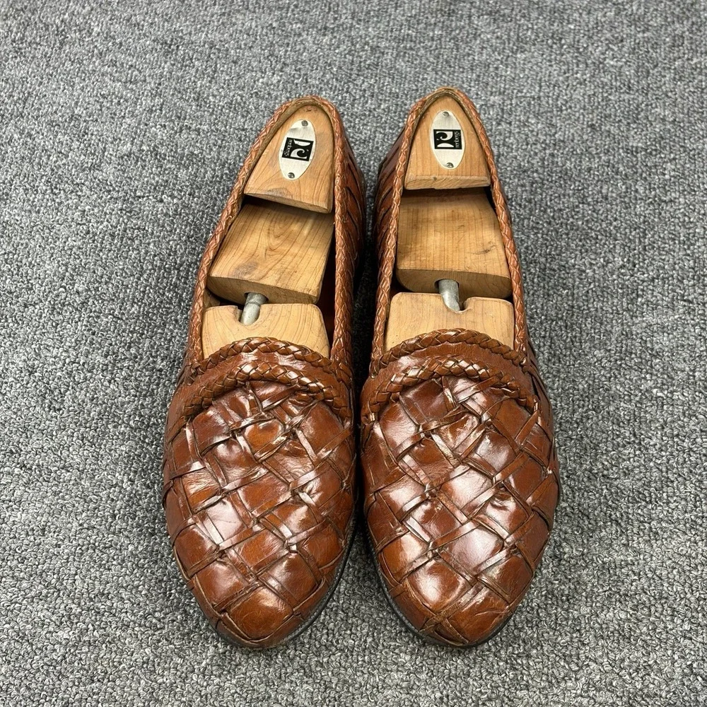 Moreschi Italy Woven Leather Loafers Mens 9.5 Brown Hand Braided Slip On Dress